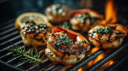 Grilled shrimp with herbs, lemon, and a smoky char on a barbecue grill.