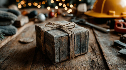 Rustic wooden gift box tied with twine on a workbench.