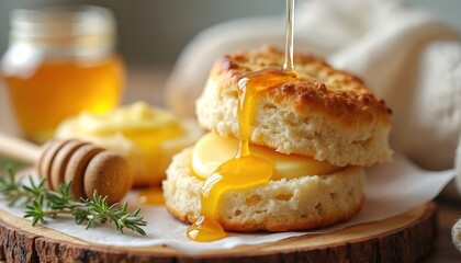 Golden honey cascades onto stacked biscuits with butter. A rustic wooden dipper and fresh rosemary sprigs adorn this tempting treat. This delectable food offers a sweet start to any day.