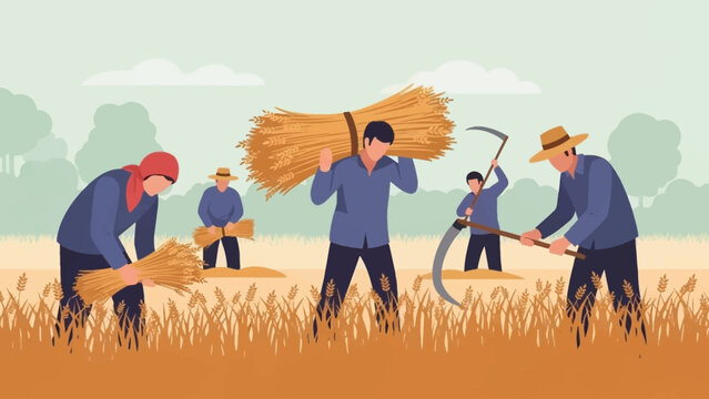 Farmers harvesting crops in a field together manually.