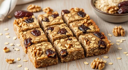 Square portions of homemade cereal bars baked with rolled grains and dried fruit are displayed on a wooden surface.