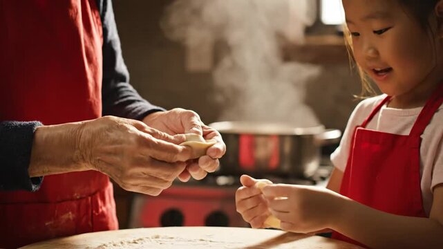 Chinese New Year Dumpling Making: Grandmother and Child Bonding