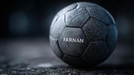 Black leather soccer ball with the name "FARNAN" inscribed on it.