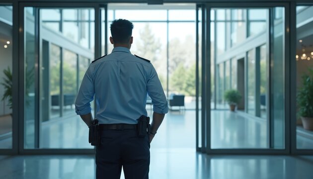 Male security guard stands watch at glass doors of a modern building lobby. He wears a uniform and is positioned with his back to the camera, maintaining a vigilant posture. Officer is ready for duty.