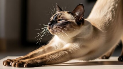 Stretching siamese cat basking in sunlight