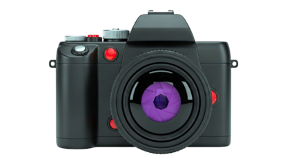 Modern Black Digital Camera with Purple Lens Aperture