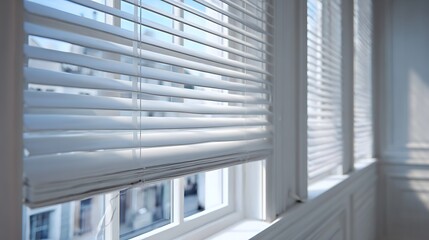 Obraz premium Close-up of White Horizontal Window Blinds / 白い水平ウィンドウブラインドのクローズアップ