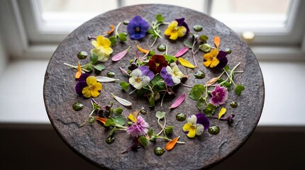 Gourmet Dish with Edible Flowers on Stone Plate Flat Lay
