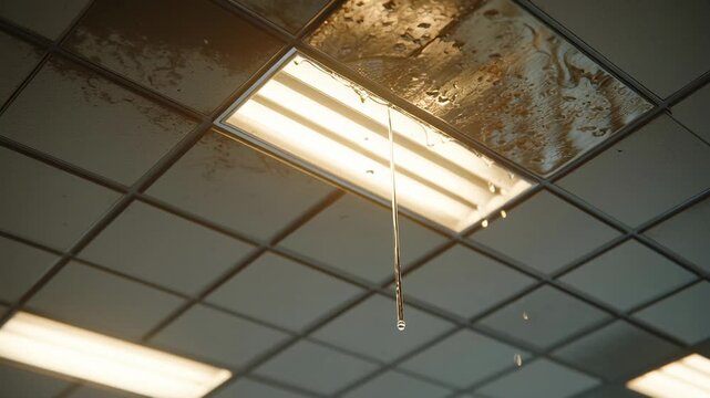 Leaking Ceiling Tiles and Fluorescent Lights in Office Building.