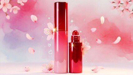 K-beauty lip tint tube cherry petals watercolor gradient kawaii pink red gradient Korean makeup trend no text no logo