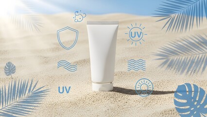 K-beauty sunscreen tube beach sand UV protection sun rays tropical leaves blue gradient Korean sun care no text no logo
