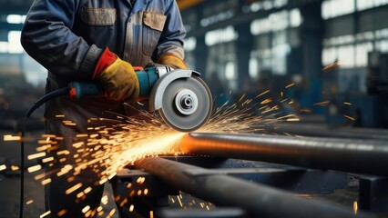 Industrial metalworker using a grinder