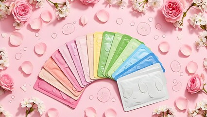 K-beauty sheet masks flat lay gradient colors rose petals cherry blossoms pink light kawaii aesthetic Korean beauty no text