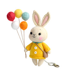 Adorable Knitted Bunny Toy Wearing Yellow Dress Holding Colorful Balloons on Strings with Purse and Keychain on transparent background
