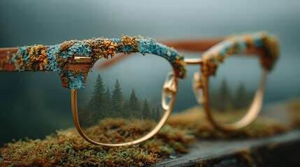Glasses with moss and forest reflection on the lenses, blending nature and eyewear.