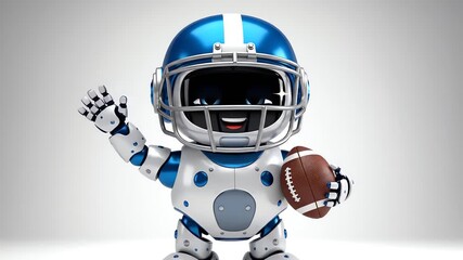 A cute, high-quality cgi robot, dressed in a bright blue and white football uniform and helmet, is cheerfully waving while holding a brown football against a clean white background. - Powered by Adobe