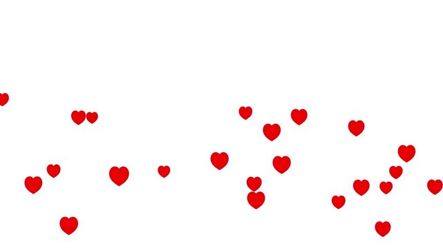 Valentines day hearts icon falling animation on white screen background. Social media love emoji particles moving. Romantic red heart flying 4k video.