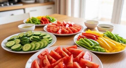 Multiple plates filled with colorful sliced fresh vegetables arranged on a wooden dining table