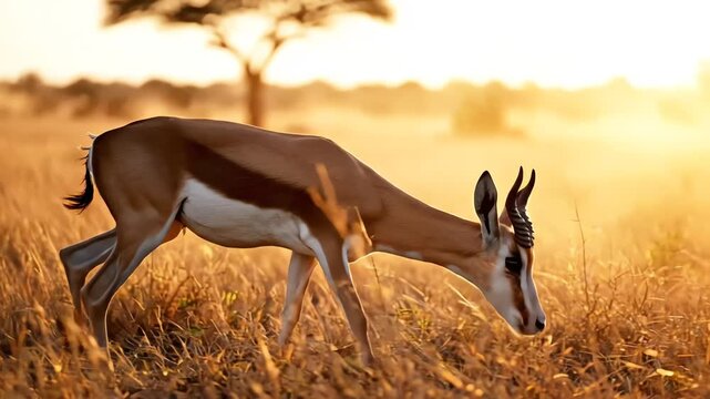 A magnificent springbok antelope is grazing peacefully in the golden light, captured with shallow depth of field on the dry african savanna at sunset.
