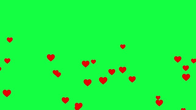 Valentines day hearts icon falling animation on green screen background. Social media love emoji particles moving. Romantic red heart flying 4k video.