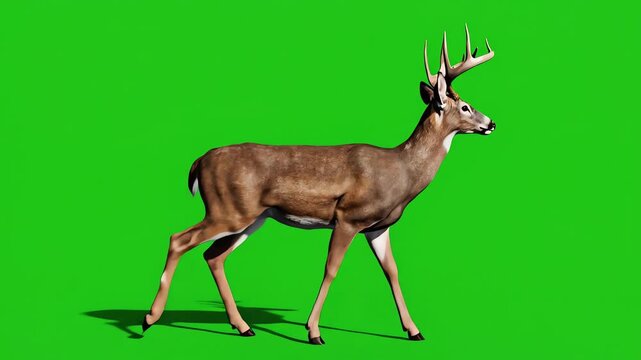 A majestic brown whitetail buck with large antlers is walking in profile, isolated on a bright green screen for easy chroma key compositing.