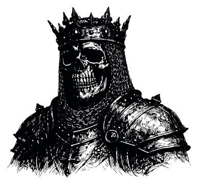 Hand drawn line art illustration of a skeleton king depicting royal armor and a crown for fantasy and medieval themes