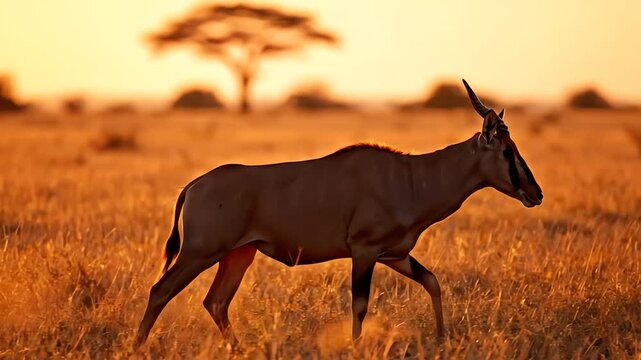 A majestic topi antelope is striding through the tall dry grass of the african savanna, beautifully captured during the warm, golden hour sunset.