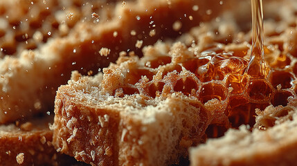 Close-up of honeycomb with honey being poured over it.