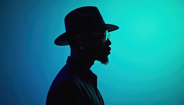 Man in hat and sunglasses seen in silhouette against blue green background. Stylish portrait with cool tones, shows profile view, side shot.