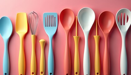 Colorful kitchen utensils including spoons, whisks, and spatulas arranged neatly on a pink background. Useful for cooking, baking, and food preparation themes.