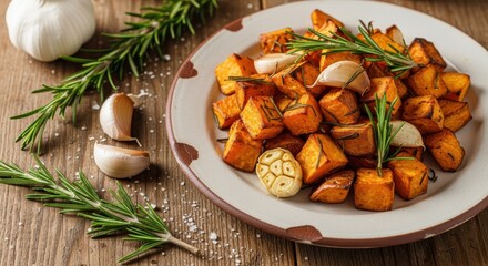 Roasted orange root vegetable cubes seasoned with rosemary and garlic served on a rustic plate