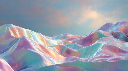 abstract glassy hills made of liquid silk material, holographic pastel colors, soft sky light