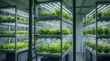 Vertical Hydroponic Farm with LED Grow Lights Interior