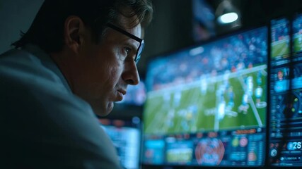Man Analyzes Football Game on Multiple Computer Screens. - Powered by Adobe