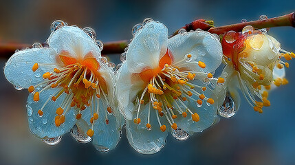 Close-up of white flowers with orange stamens, covered in water droplets.