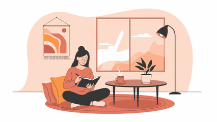 Fototapeta premium Young woman comfortably writing in journal at home, finding creative inspiration and peace