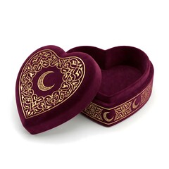 Luxurious Velvet Heart Gift Box with Islamic Crescent Gold Pattern for Ramadan and Eid