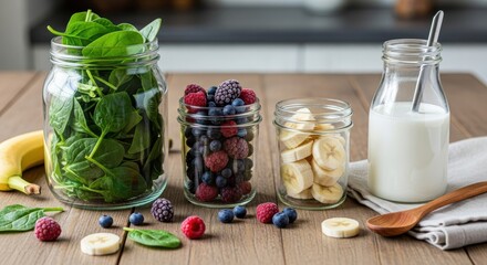 Essential ingredients for a healthy morning beverage are neatly arranged on a wooden counter.