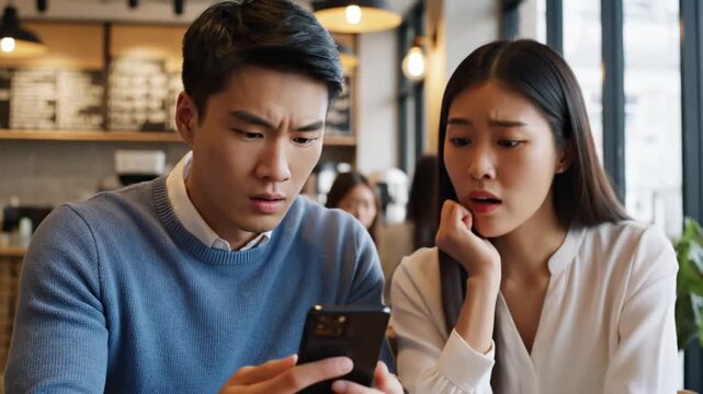 Couple shocked by phone spam alert.