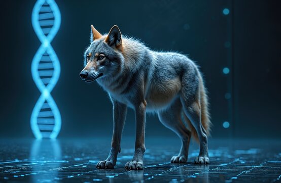 Genetically engineered wolf stands next to DNA helix. Creature revived using science and bio tech. Ancient species resurrection in lab. Future wolf concept art.