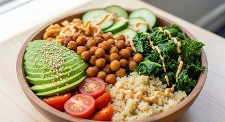 Colorful plant based meal assortment presented in a natural wooden dish