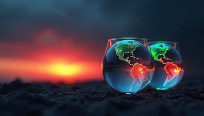 Two glowing earth globes in glasses sit on dark ground. Colorful lights illuminate continents. Sunset sky with orange sun glow. Abstract global concept.