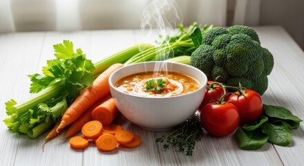 Steaming bowl of vegetable soup surrounded by fresh, raw ingredients on a light wooden surface
