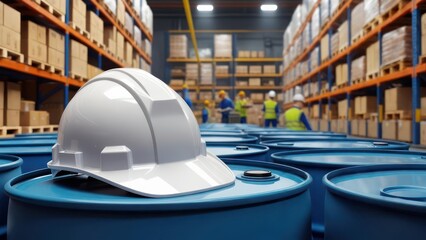Interior of a warehouse with workers and storage barrels