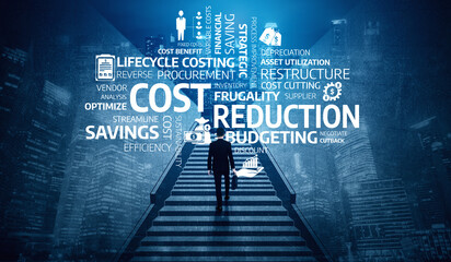 Visual representation of business cost reduction concepts featuring a silhouette ascending stairs...