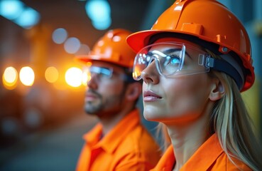 Two factory workers wearing orange uniforms hard hats and safety glasses look forward. They are in a brightly lit industrial facility observing operations.