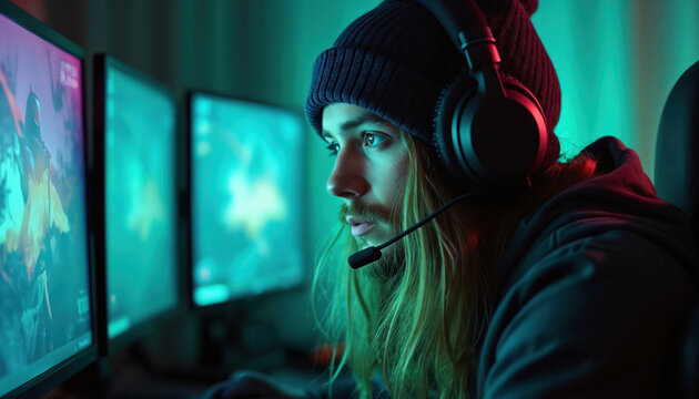 Young man with long hair wears beanie and headset. He intently plays video game on computer monitors in dim room with colorful RGB lights. Gamer is focused on screen, immersed in digital world. - Powered by Adobe