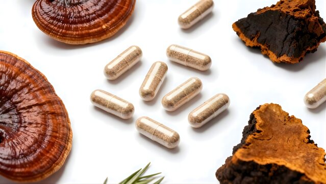 Chaga mushroom supplement capsules on white background with dry Chaga mushrooms 