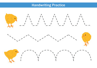 Colorful vector chucks worksheet with three horizontal handwriting practice paths for kids. cute chicks, dotted lines and cute elements help children develop fine motor skills and early writing.