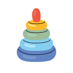 Vector illustration of a colorful stacking ring toy pyramid for children. . Educational worksheet, kids illustration, printable vector illustration.